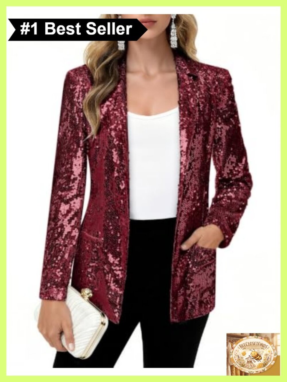 Sequin Blazer Jacket Open Front Long Sleeve Sparkly Cardigan Coat with Pockets